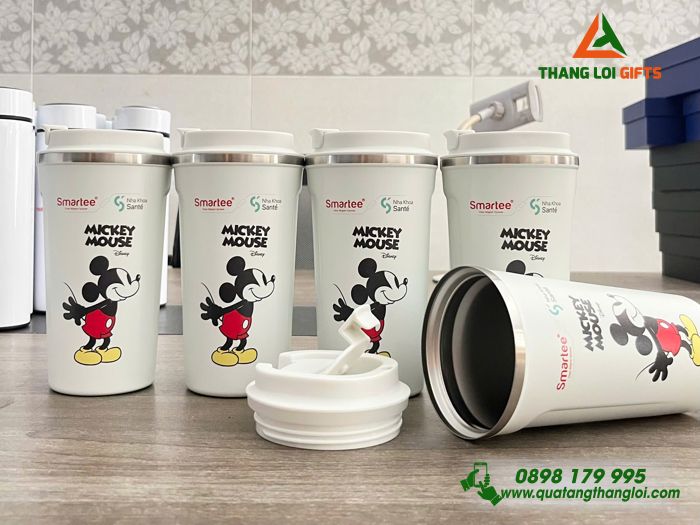 Bộ Ly Giữ Nhiệt 510ml Màu Trắng - In Khắc Nha Khoa Santé Hình Mickey Mouse