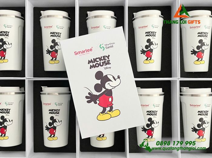 Bộ Ly Giữ Nhiệt 510ml Màu Trắng - In Khắc Nha Khoa Santé Hình Mickey Mouse