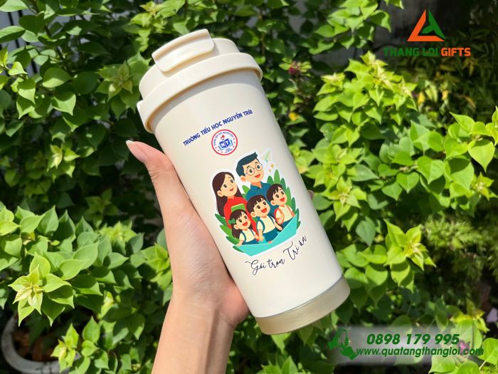 Ly Giữ Nhiệt 530ml Màu Trắng Kem - In Logo Trường Tiểu Học Nguyễn Trãi Làm Quà Tặng Tri Ân Thầy Cô