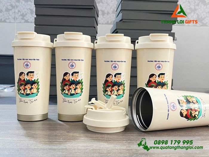 Ly Giữ Nhiệt 530ml Màu Trắng Kem - In Logo Trường Tiểu Học Nguyễn Trãi Làm Quà Tặng Tri Ân Thầy Cô