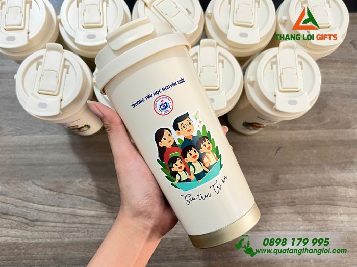 Ly Giữ Nhiệt 530ml Màu Trắng Kem - In Logo Trường Tiểu Học Nguyễn Trãi Làm Quà Tặng Tri Ân Thầy Cô