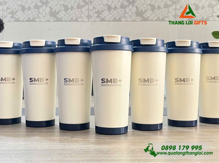 Ly Giữ Nhiệt 530ml Màu Kem Nắp Xanh - Khắc Logo Doanh Nghiệp SMB+