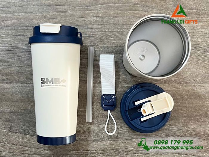 Ly Giữ Nhiệt 530ml Màu Kem Nắp Xanh - Khắc Logo Doanh Nghiệp SMB+