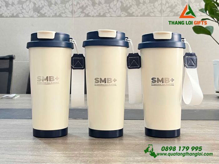 Ly Giữ Nhiệt 530ml Màu Kem Nắp Xanh - Khắc Logo Doanh Nghiệp SMB+