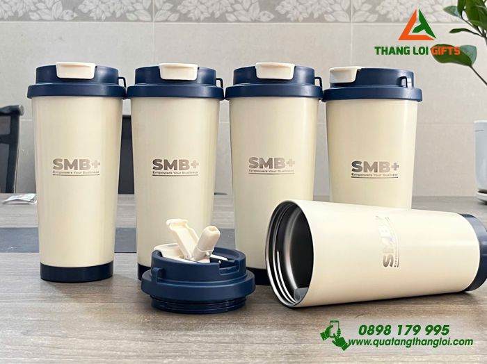 Ly Giữ Nhiệt 530ml Màu Kem Nắp Xanh - Khắc Logo Doanh Nghiệp SMB+