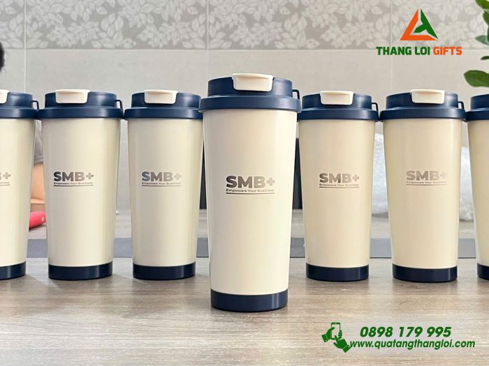 Ly Giữ Nhiệt 530ml Màu Kem Nắp Xanh - Khắc Logo Doanh Nghiệp SMB+