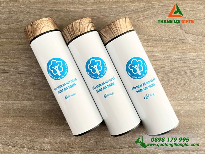 Bình Giữ Nhiệt Nắp Gỗ Màu Trắng - In Logo Bảo Hiểm Xã Hội Việt Nam