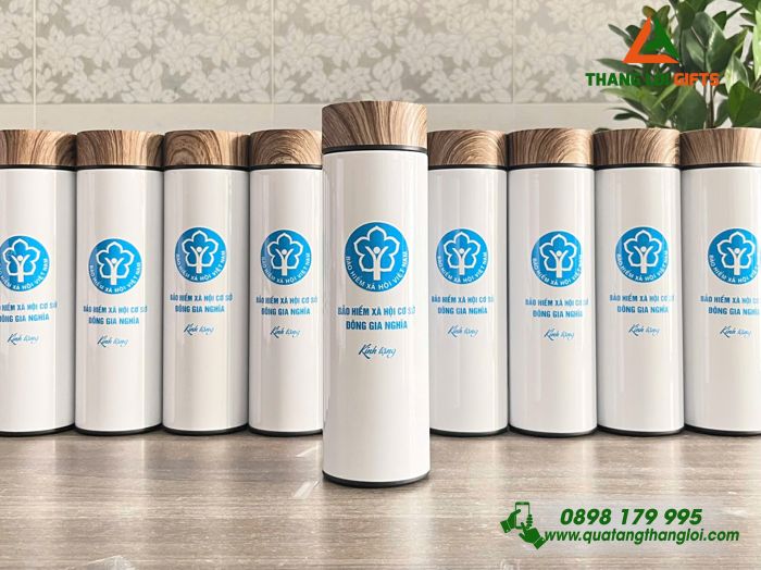 Bình Giữ Nhiệt Nắp Gỗ Màu Trắng - In Logo Bảo Hiểm Xã Hội Việt Nam