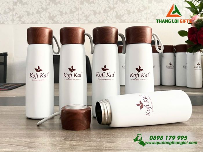 Bình Giữ Nhiệt Nắp Vân Gỗ Màu Trắng - In Logo Doanh Nghiệp Kofi Kai 