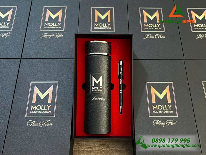 Combo Quà Tặng (Bình & Bút) Màu Đen - In Khắc Logo Doanh Nghiệp MOLLY Nguyen Design