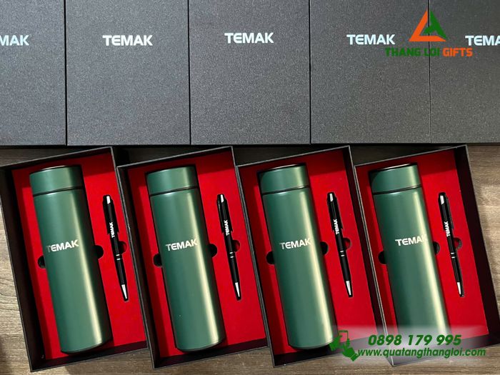 Combo Quà Tặng (Bình Giữ Nhiệt & Bút Bi) - In Khắc Logo Doanh Nghiệp TEMAK