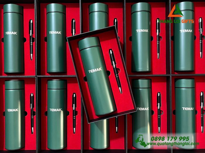 Combo Quà Tặng (Bình Giữ Nhiệt & Bút Bi) - In Khắc Logo Doanh Nghiệp TEMAK