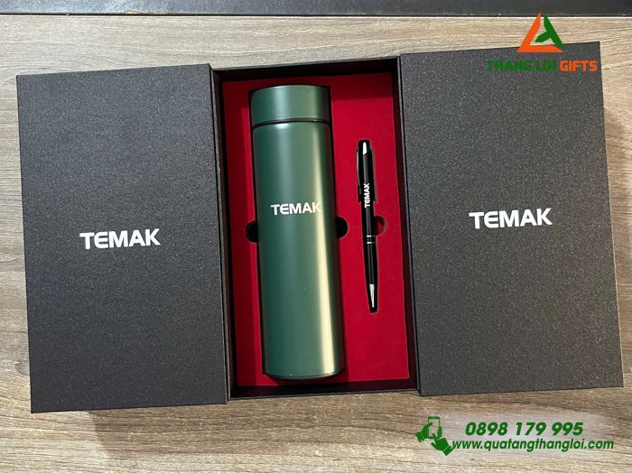 Bộ Quà Tặng (Bình Giữ Nhiệt+ Bút Bi) Màu Xanh Lá - In Khắc Logo Doanh Nghiệp TEMAK