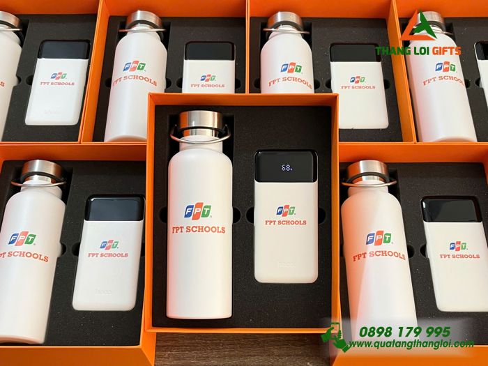 Combo Quà Tặng (Bình Giữ Nhiệt & Pin Sạc Hoco) - In Khắc Logo Trường FPT