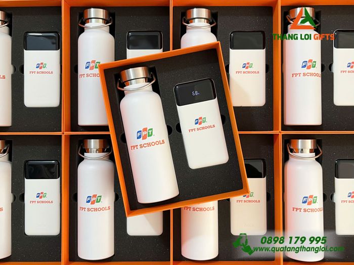 Combo Quà Tặng (Bình Giữ Nhiệt & Pin Sạc Hoco) - In Khắc Logo Trường FPT