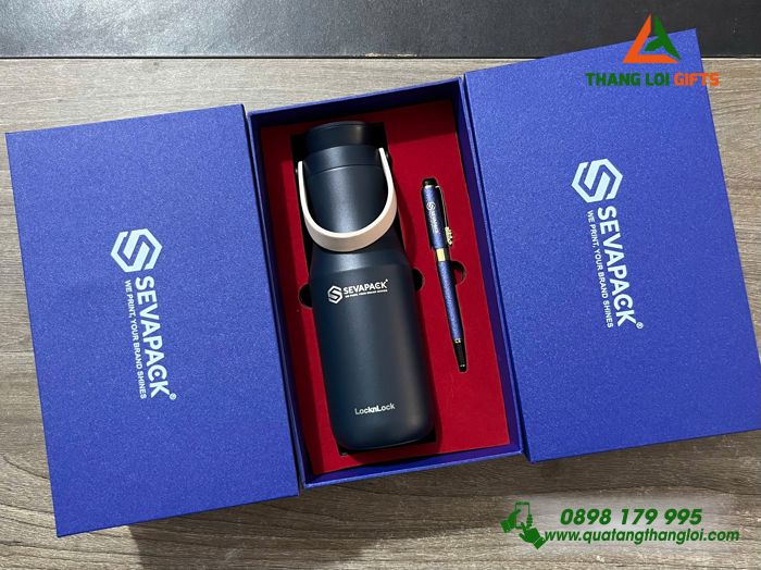 Set Quà Tặng (Bình Lock&Lock + Bút Ký) Màu Xanh - In Khắc Logo Doanh Nghiệp SEVAPACK