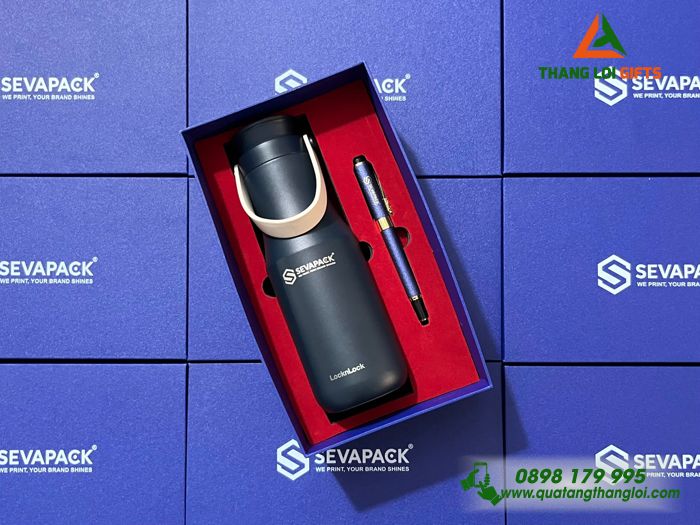Set Quà Tặng (Bình Lock&Lock + Bút Ký) Màu Xanh - In Khắc Logo Doanh Nghiệp SEVAPACK
