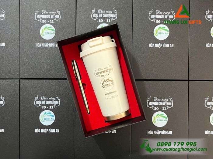 Combo Quà Tặng (Ly Giữ Nhiệt + Bút Ký) Màu Trắng Kem - In Khắc Logo Doanh Nghiệp Bình An