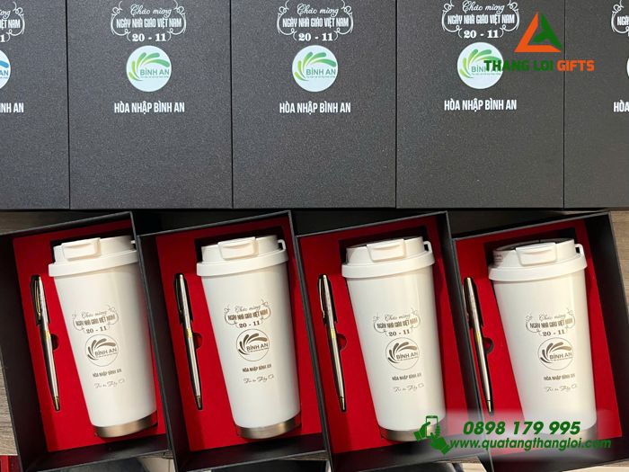 Combo Quà Tặng (Ly Giữ Nhiệt + Bút Ký) Màu Trắng Kem - In Khắc Logo Doanh Nghiệp Bình An