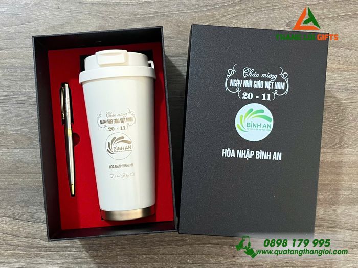 Combo Quà Tặng (Ly Giữ Nhiệt + Bút Ký) Màu Trắng Kem - In Khắc Logo Doanh Nghiệp Bình An