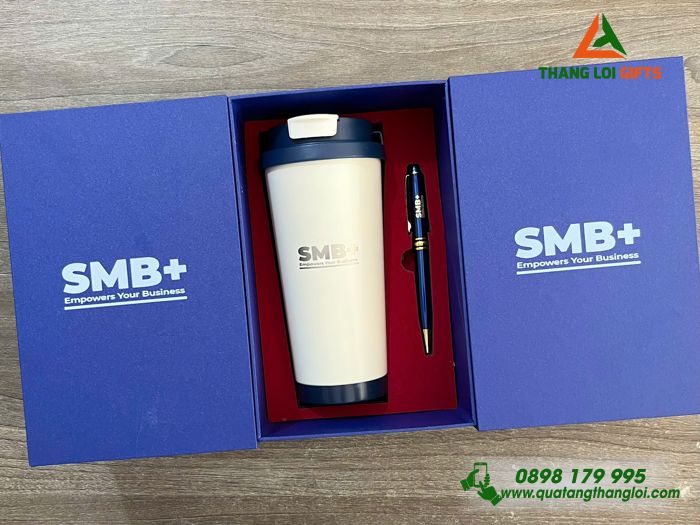 Bộ Quà Tặng (Ly & Bút) Màu Xanh - In Khắc Logo Doanh Nghiệp SMB+