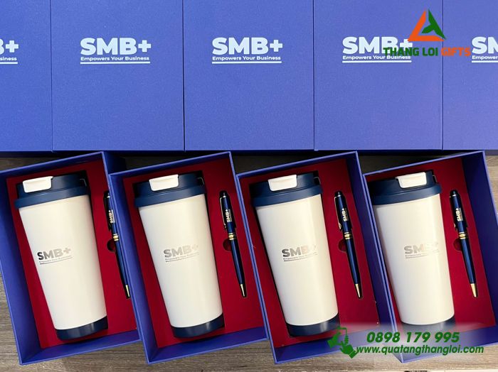 Combo Quà Tặng (Ly & Bút) Màu Xanh - In Khắc Logo Doanh Nghiệp SMB+
