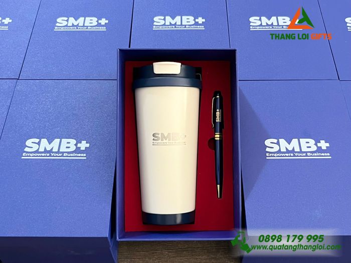 Bộ Quà Tặng (Ly & Bút) Màu Xanh - In Khắc Logo Doanh Nghiệp SMB+