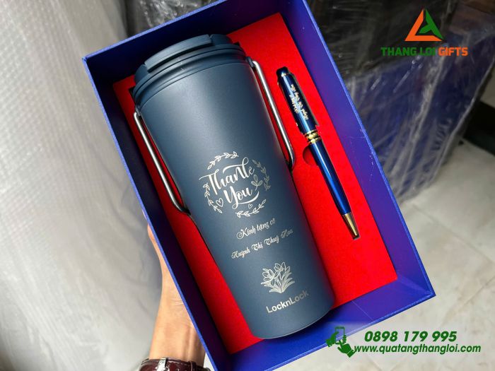Combo Quà Tặng (Ly Lock&Lock & Bút Ký) Màu Xanh - In Khắc Nội Dung Tri Ân Thầy Cô