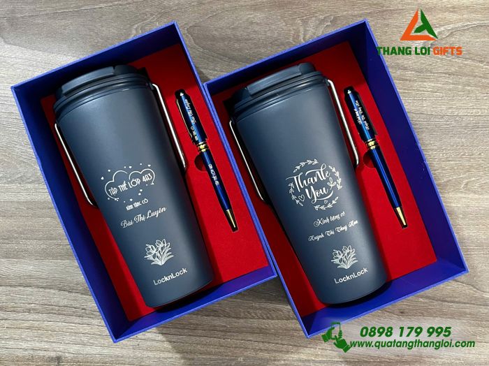 Combo Quà Tặng (Ly Lock&Lock & Bút Ký) Màu Xanh - In Khắc Nội Dung Tri Ân Thầy Cô
