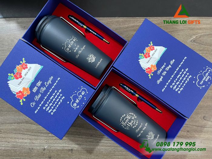 Combo Quà Tặng (Ly Lock&Lock & Bút Ký) Màu Xanh - In Khắc Nội Dung Tri Ân Thầy Cô