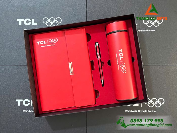 Set Quà Tặng (Sổ+ Bình+ Bút) Màu Đỏ - In Khắc Logo Doanh Nghiệp TCL