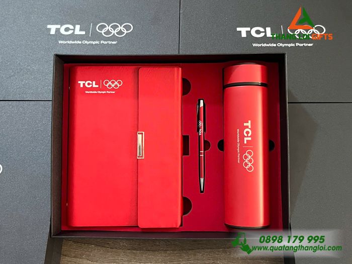 Set Quà Tặng (Sổ+ Bình+ Bút) Màu Đỏ - In Khắc Logo Doanh Nghiệp TCL