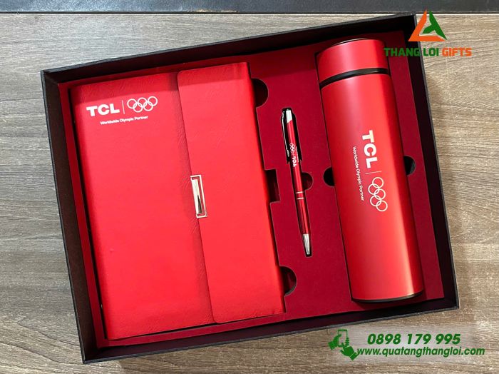 Set Quà Tặng (Sổ+ Bình+ Bút) Màu Đỏ - In Khắc Logo Doanh Nghiệp TCL