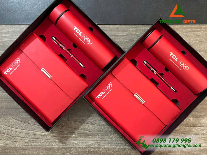 Set Quà Tặng (Sổ+ Bình+ Bút) Màu Đỏ - In Khắc Logo Doanh Nghiệp TCL