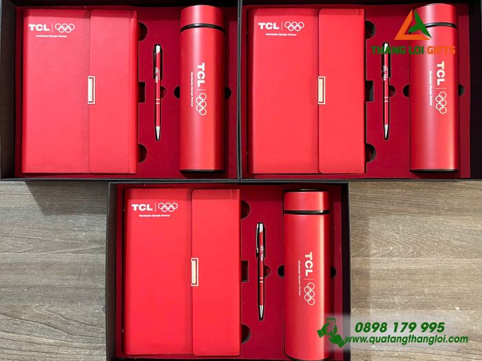 Set Quà Tặng (Sổ+ Bình+ Bút) Màu Đỏ - In Khắc Logo Doanh Nghiệp TCL
