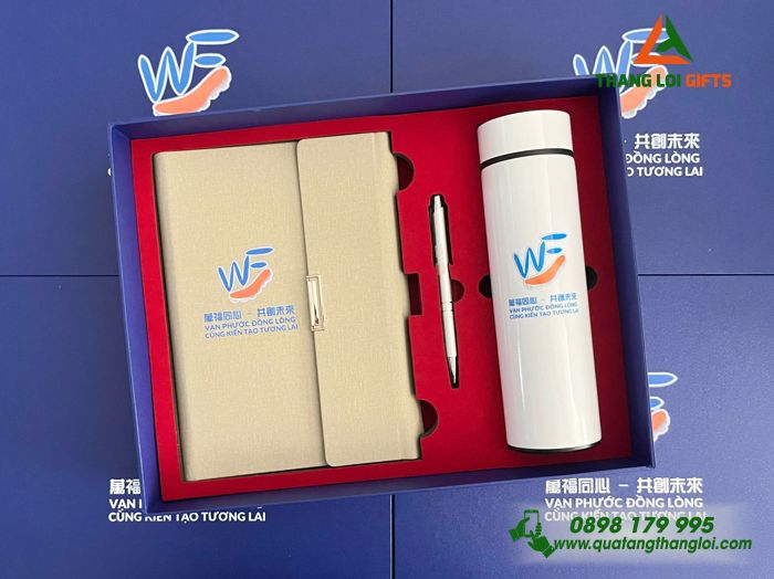 Set Quà Tặng (Sổ+ Bình+ Bút) Màu Trắng Kem - In Khắc Logo Doanh Nghiệp Vạn Phước