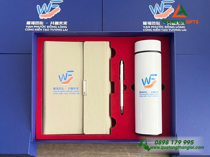 Set Quà Tặng (Sổ+ Bình+ Bút) Màu Trắng Kem - In Khắc Logo Doanh Nghiệp Vạn Phước