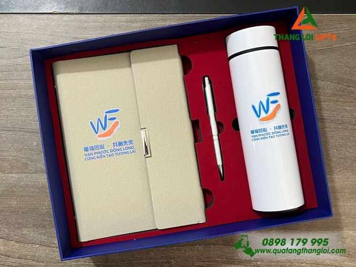 Set Quà Tặng (Sổ+ Bình+ Bút) Màu Trắng Kem - In Khắc Logo Doanh Nghiệp Vạn Phước