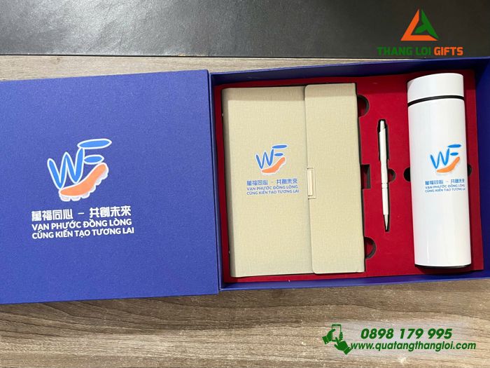 Set Quà Tặng (Sổ+ Bình+ Bút) Màu Trắng Kem - In Khắc Logo Doanh Nghiệp Vạn Phước