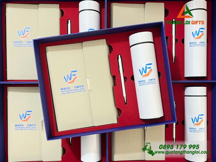 Set Quà Tặng (Sổ+ Bình+ Bút) Màu Trắng Kem - In Khắc Logo Doanh Nghiệp Vạn Phước