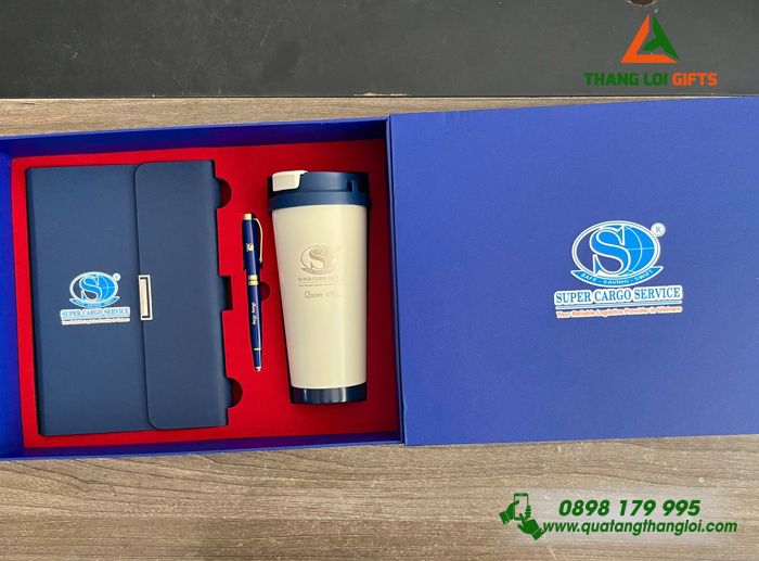 Combo Quà Tặng (Sổ+ Ly+ Bút) Màu Xanh - In Khắc Logo Doanh Nghiệp Super Cargo Service