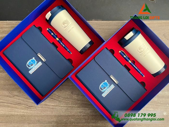 Combo Quà Tặng (Sổ+ Ly+ Bút) Màu Xanh - In Khắc Logo Doanh Nghiệp Super Cargo Service