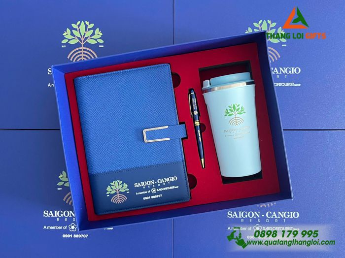 Giftset Bộ Quà Tặng (Sổ+ Ly+ Bút) Màu Xanh - In Khắc Logo Doanh Nghiệp Sài Gòn Resort