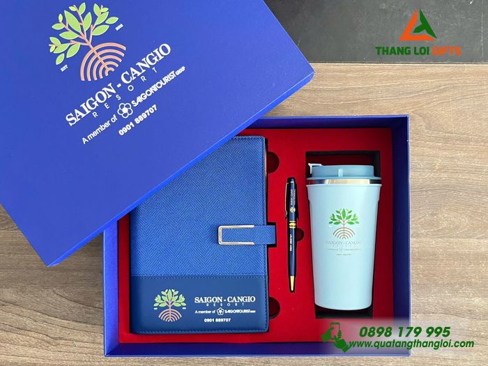 Giftset Bộ Quà Tặng (Sổ+ Ly+ Bút) Màu Xanh - In Khắc Logo Doanh Nghiệp Sài Gòn Resort