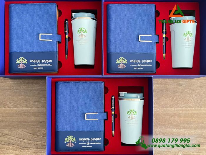 Giftset Bộ Quà Tặng (Sổ+ Ly+ Bút) Màu Xanh - In Khắc Logo Doanh Nghiệp Sài Gòn Resort