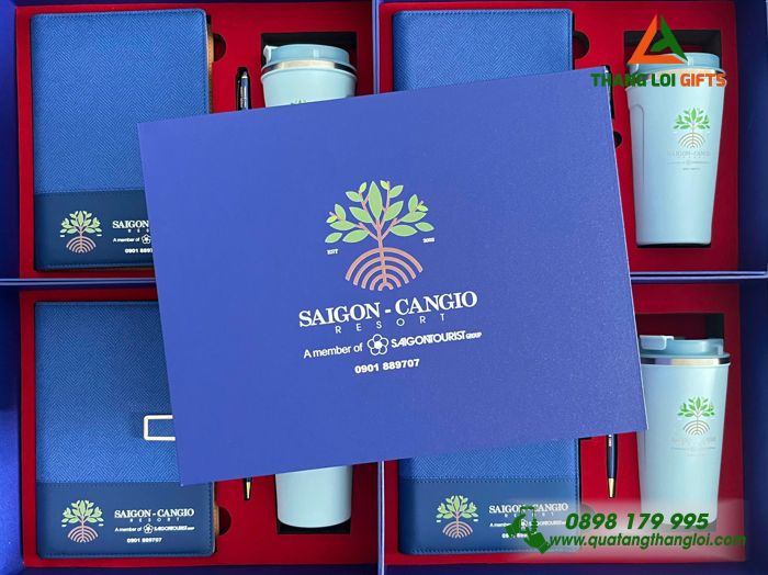 Giftset Bộ Quà Tặng (Sổ+ Ly+ Bút) Màu Xanh - In Khắc Logo Doanh Nghiệp Sài Gòn Resort