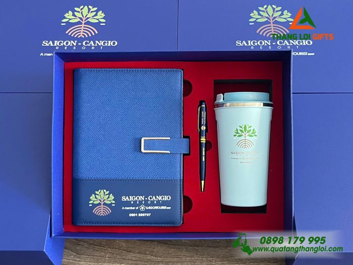 Giftset Bộ Quà Tặng (Sổ+ Ly+ Bút) Màu Xanh - In Khắc Logo Doanh Nghiệp Sài Gòn Resort