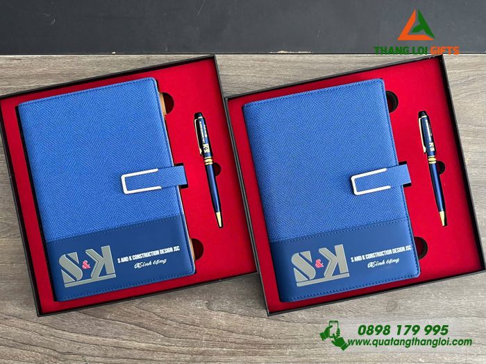 Combo Quà Tặng (Sổ Tay & Bút Ký) Màu Xanh - In Khắc Logo Doanh Nghiệp S AND K