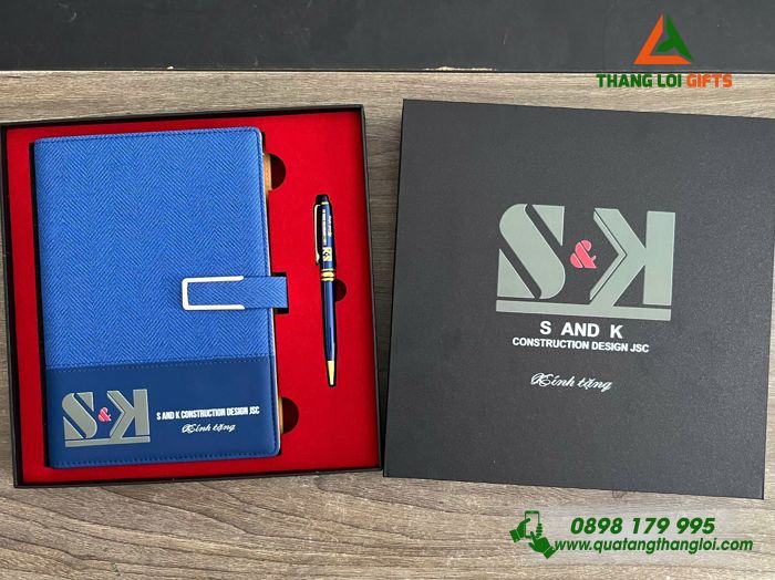 Combo Quà Tặng (Sổ Tay & Bút Ký) Màu Xanh - In Khắc Logo Doanh Nghiệp S AND K