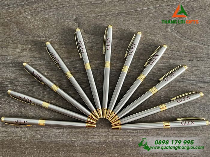 Bút Ký Kim Loại Xoay Màu Inox Khoen Vàng - Khắc Logo GLEN